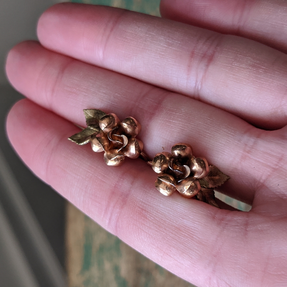 Vintage KREMENTZ Rose and Yellow Gold Screw-Back 3D Flower Earrings